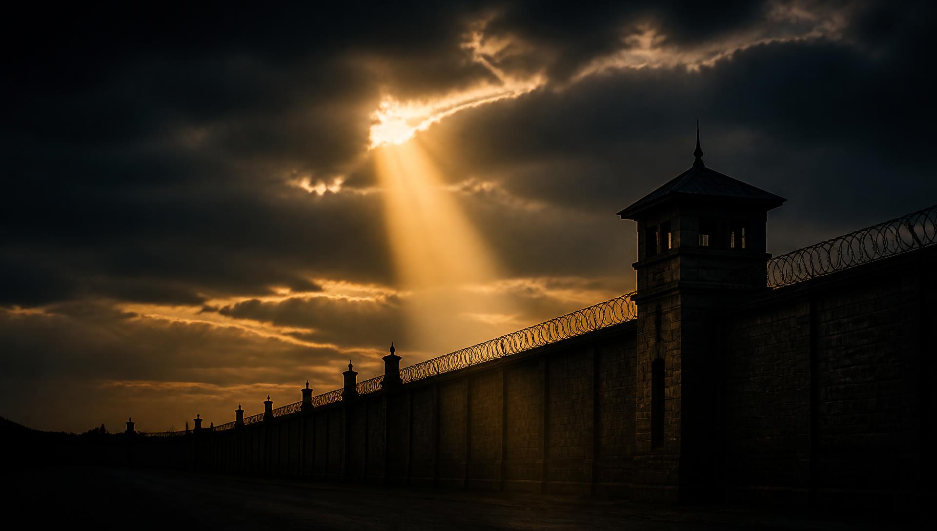 Prison wall silhouetted against a dark sky with a beam of warm light breaking through the clouds