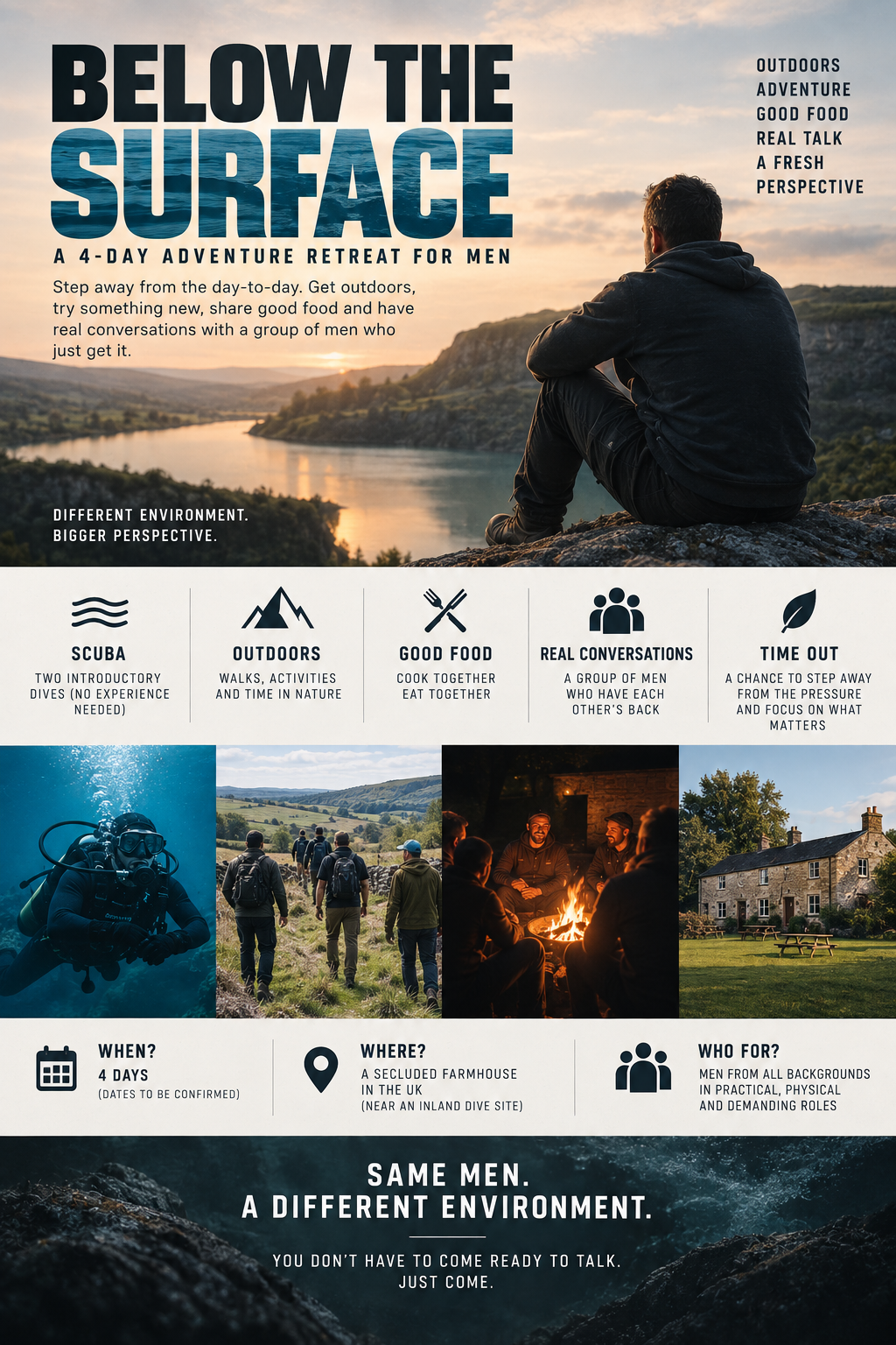 Flyer for Below the Surface, a 4-day adventure retreat for men: scuba, outdoors, good food and real talk, summer 2027, dates to be confirmed