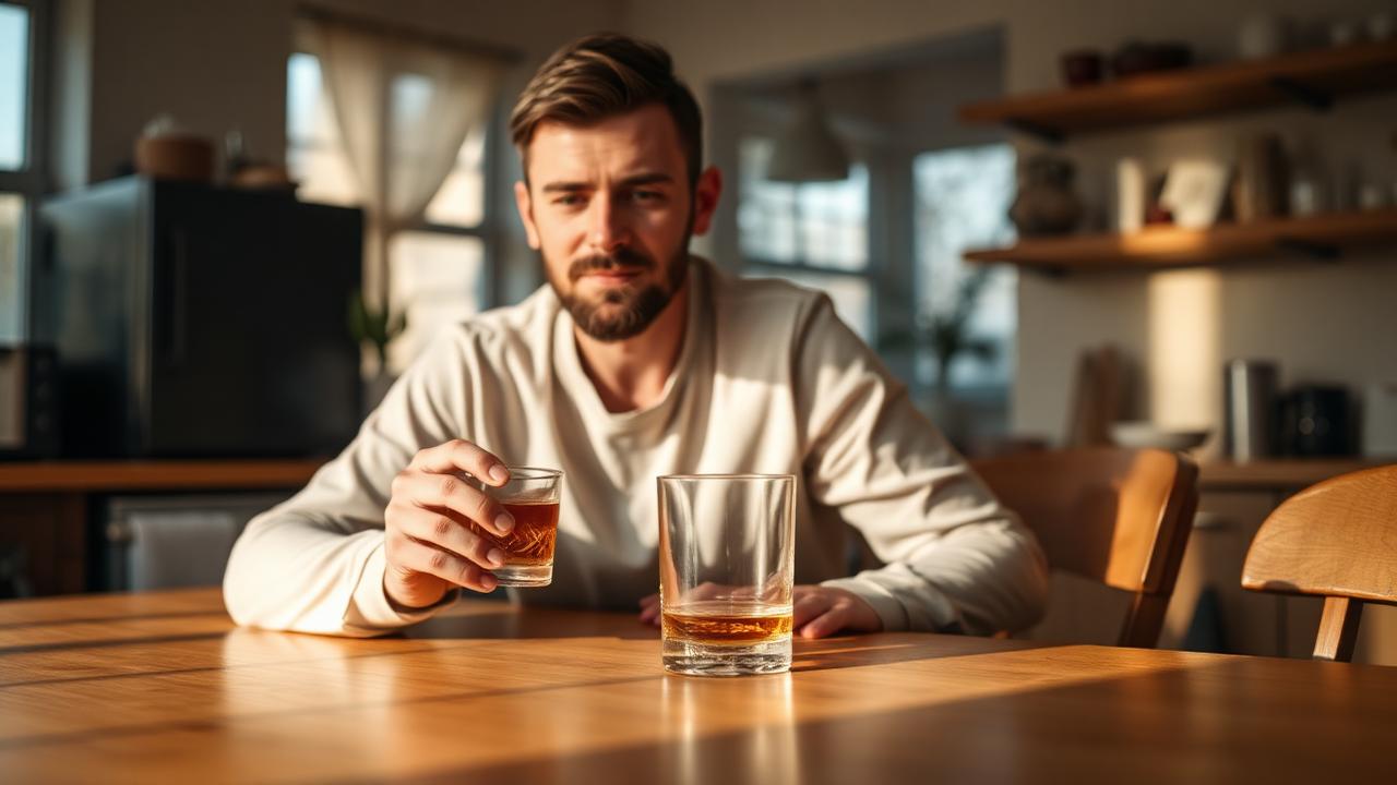 A man sitting at a kitchen table with an empty whisky glass in soft morning light, alcohol and recovery for men UK