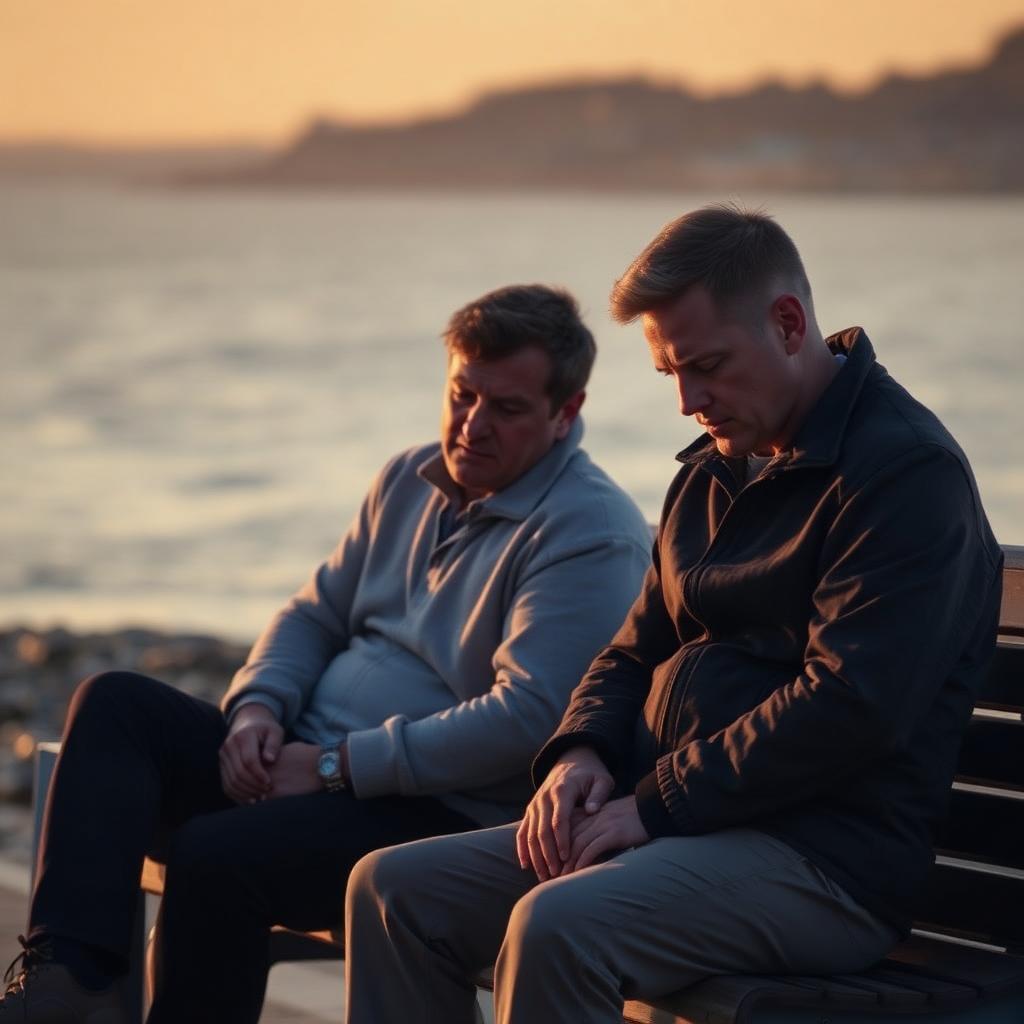 Two men sitting on a coastal bench in Kent at golden hour, one listening as the other quietly opens up, MENd Together
