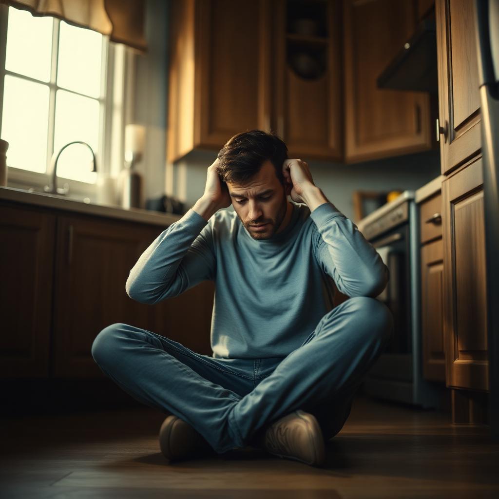 A man sitting on the kitchen floor with his head in his hands, overwhelmed and unable to cope, MENd Together Canterbury