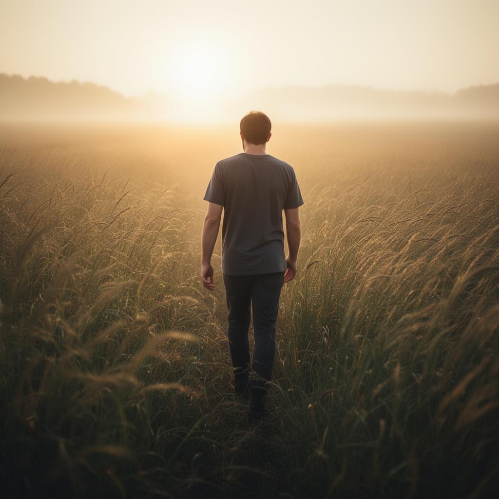 A man walking through a field of tall grass toward warm light