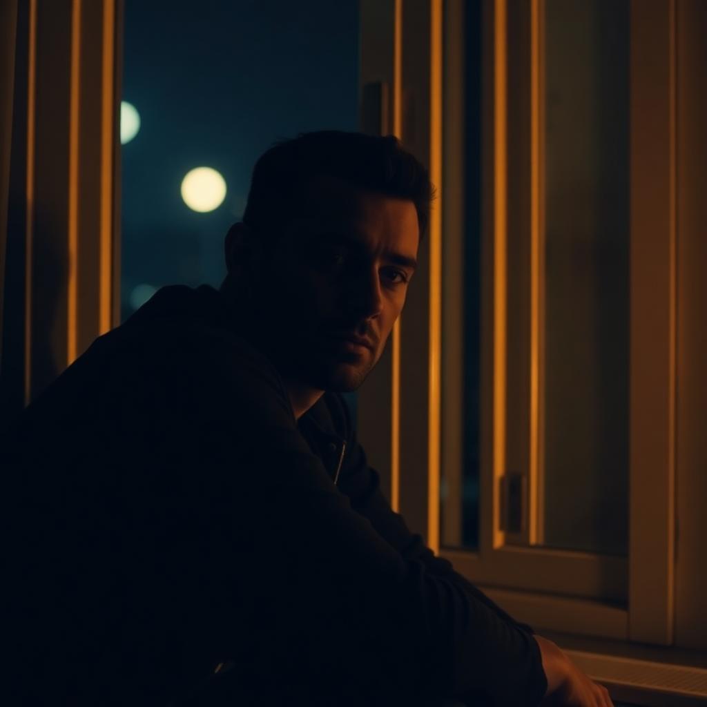 A man sitting alone by a window at night, looking emotionally numb and disconnected, MENd Together Canterbury