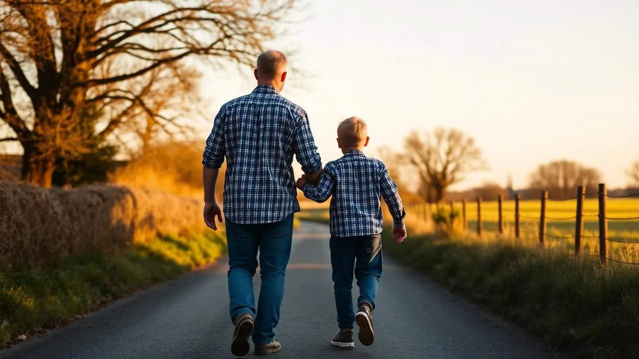 A father holding his young son's hand on a country path, breaking generational patterns, MENd Together