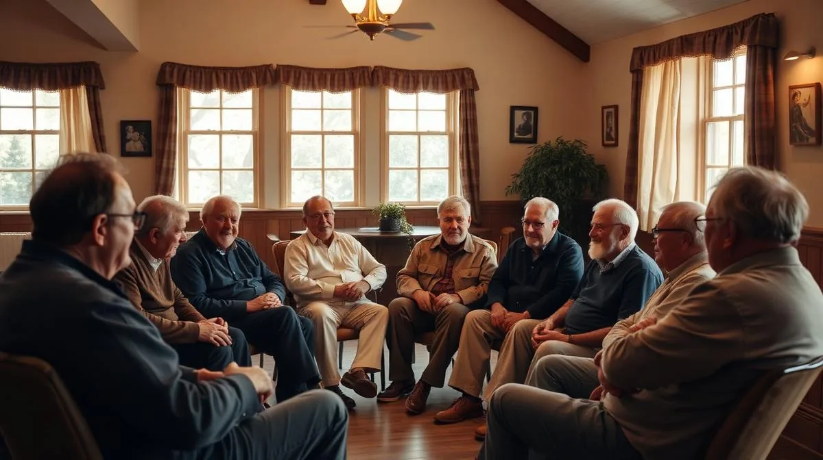 Men gathered in a circle by candlelight