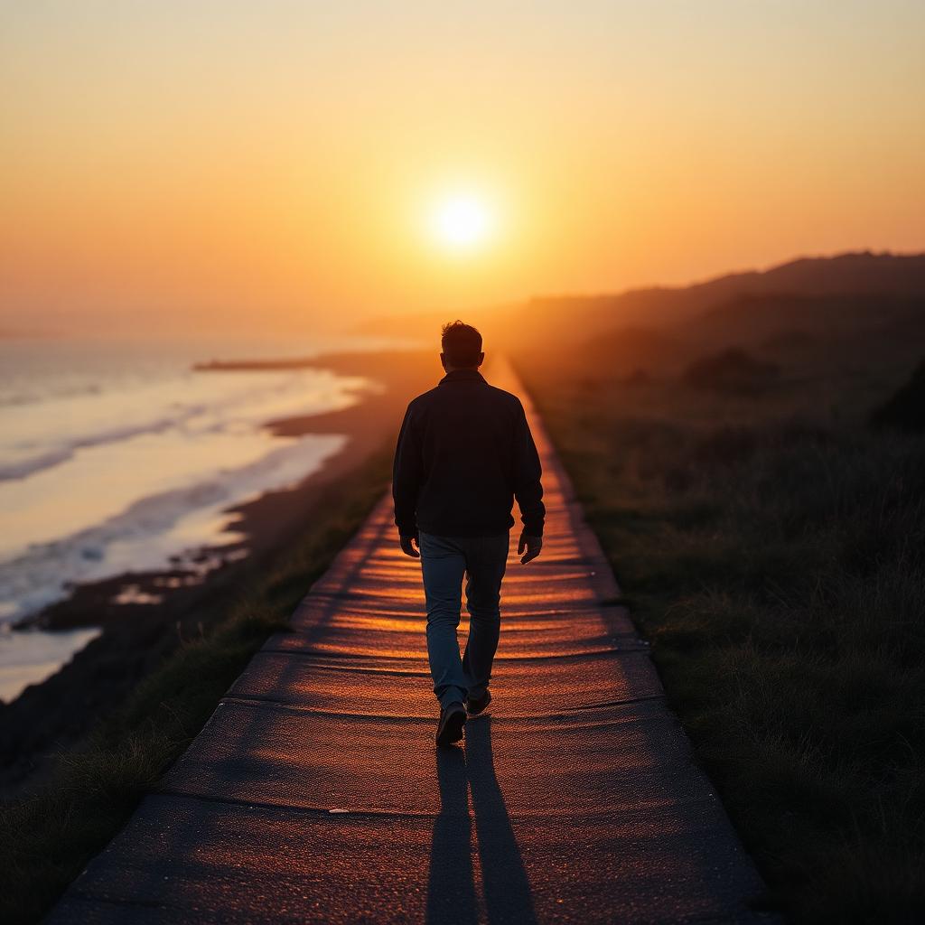 A man walking a Kent coastal path at sunrise, in recovery and rebuilding a meaningful life, MENd Together Canterbury