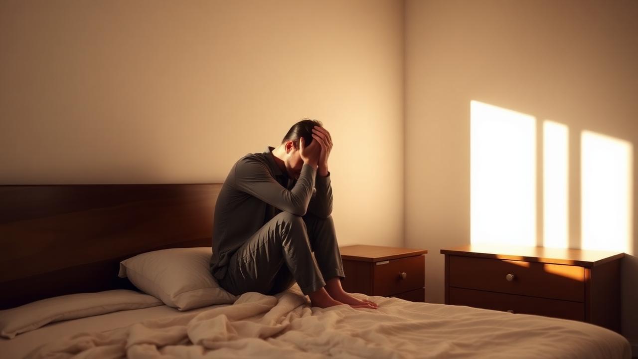 A man sitting on the edge of a bed in soft morning light, suicide prevention and recovery for men UK