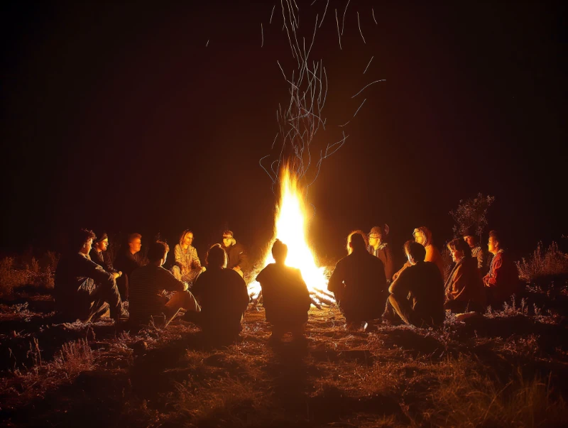 Men sitting together around a fire at dusk