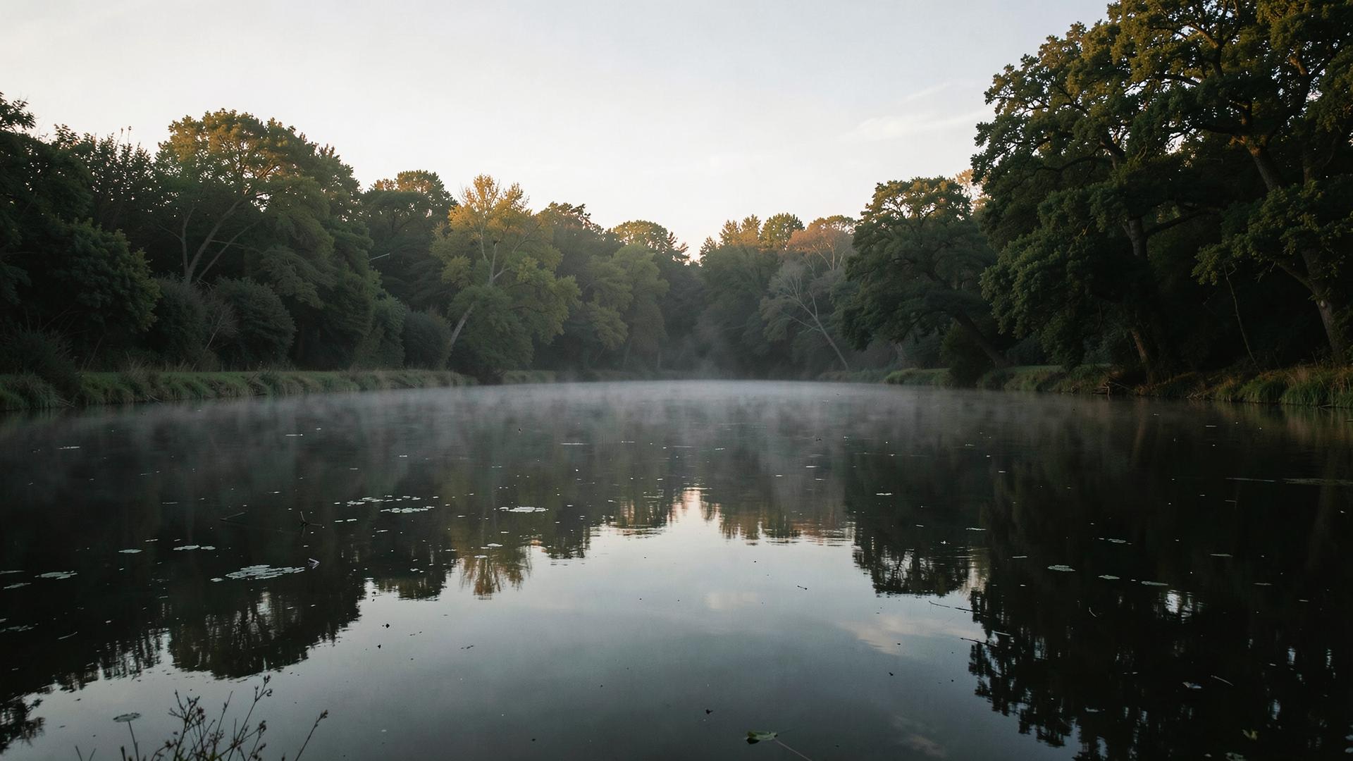 Still, clear water at an inland freshwater dive lake in the British countryside
