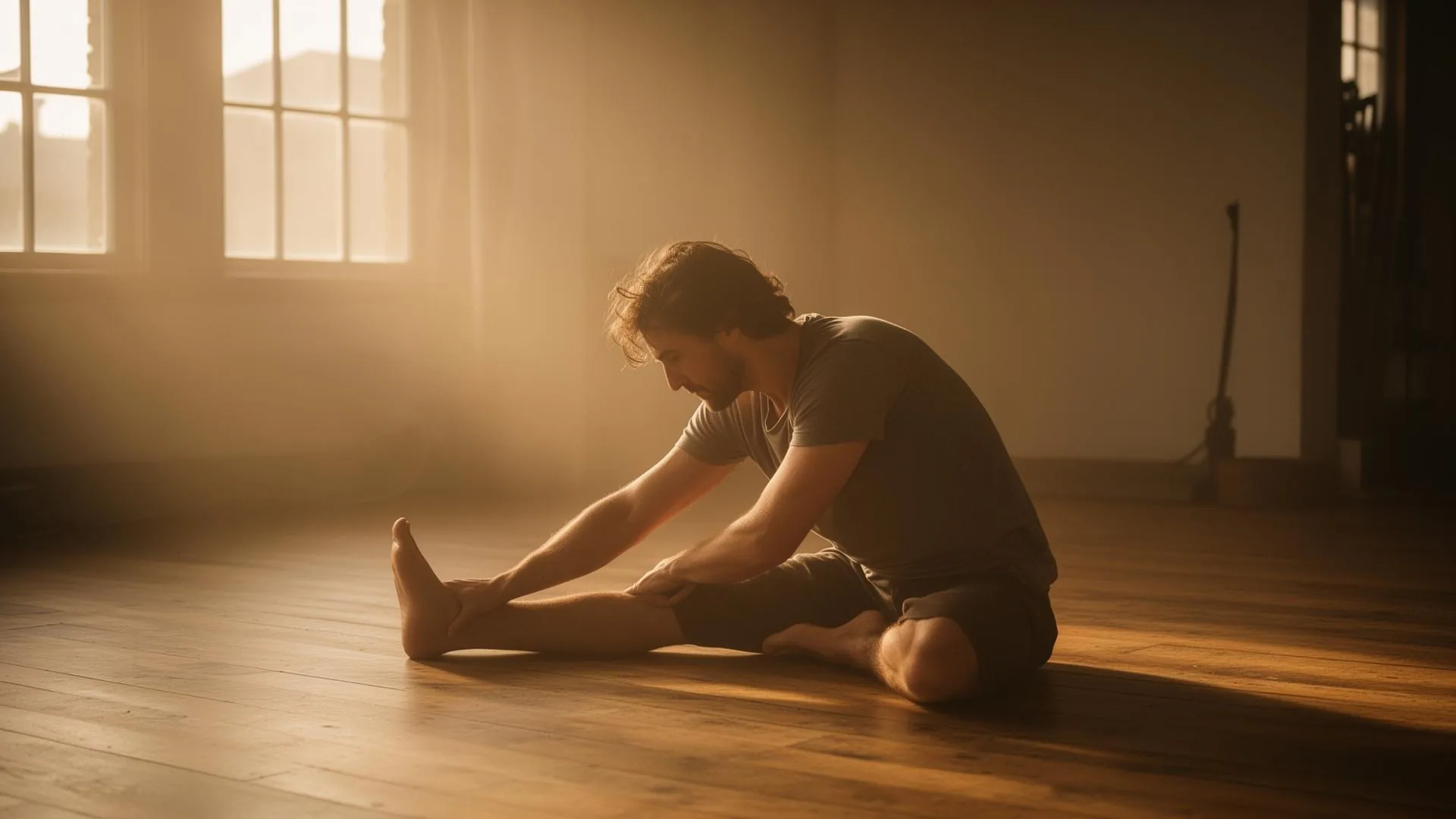A man stretching gently on a wooden floor in soft golden light, a trauma-informed movement space