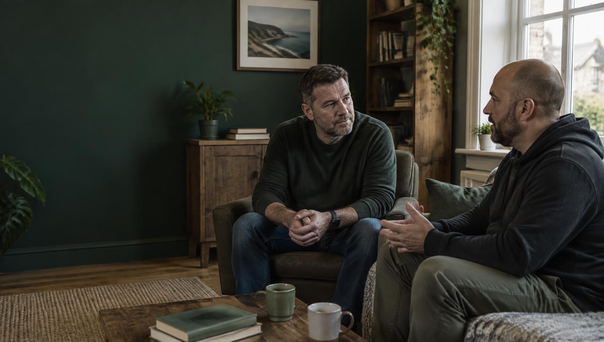 Two men having a grounded conversation outdoors