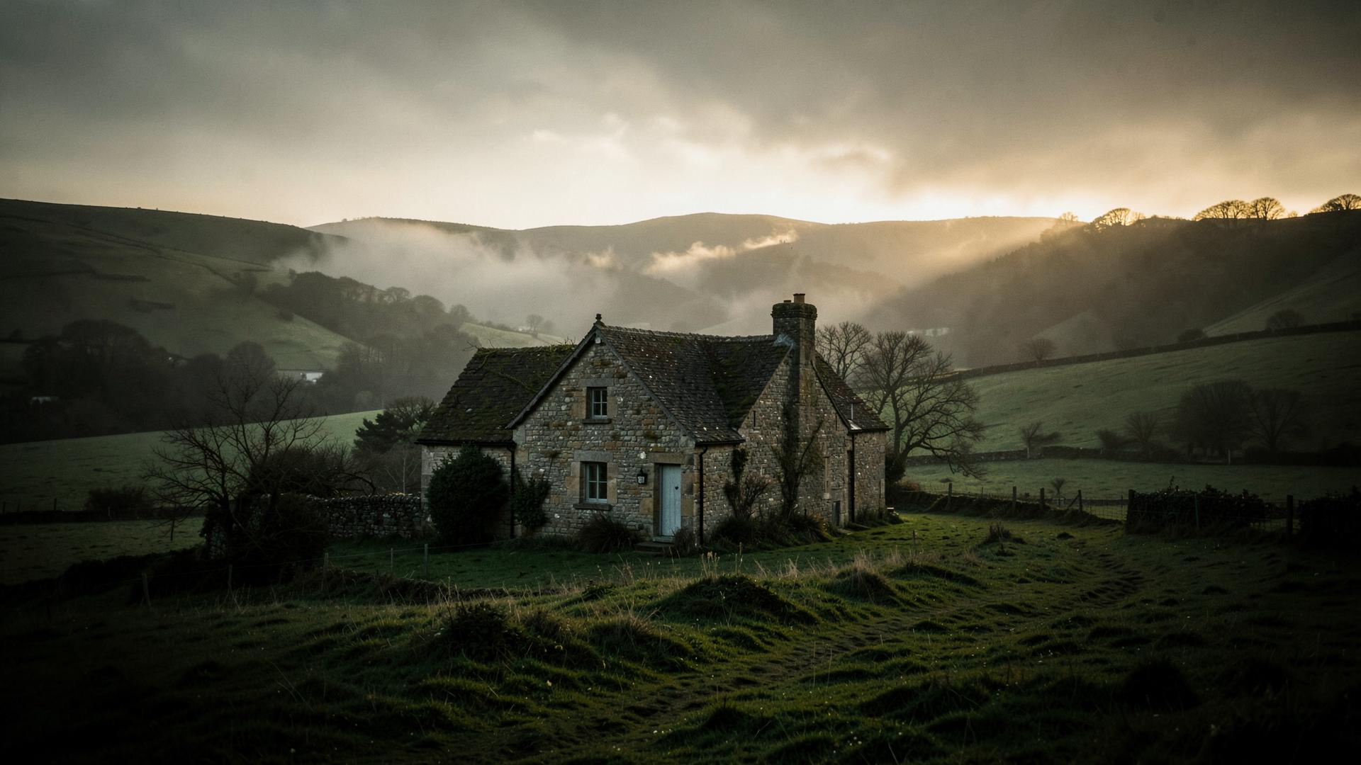 A secluded stone farmhouse in the British countryside at dawn
