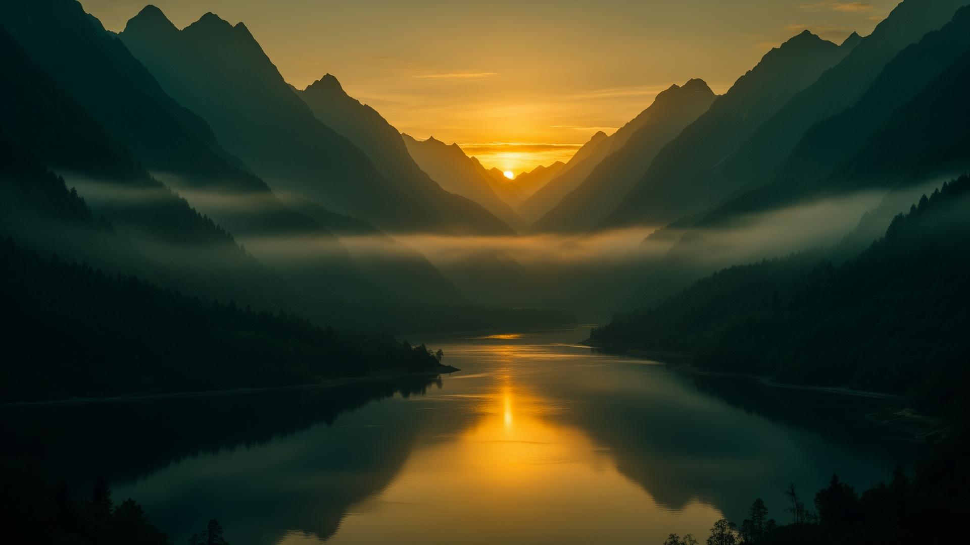 A calm mountain landscape beneath an open sky