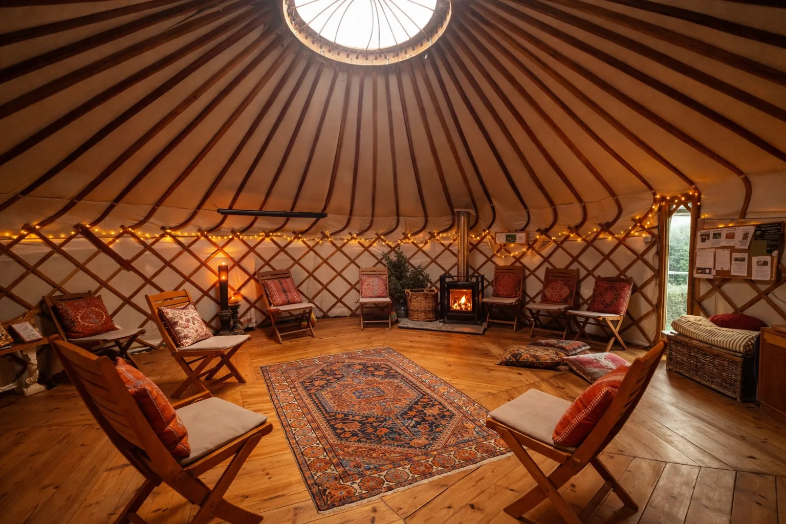 The yurt interior with woodburner, skylight, and chairs gathered in a circle