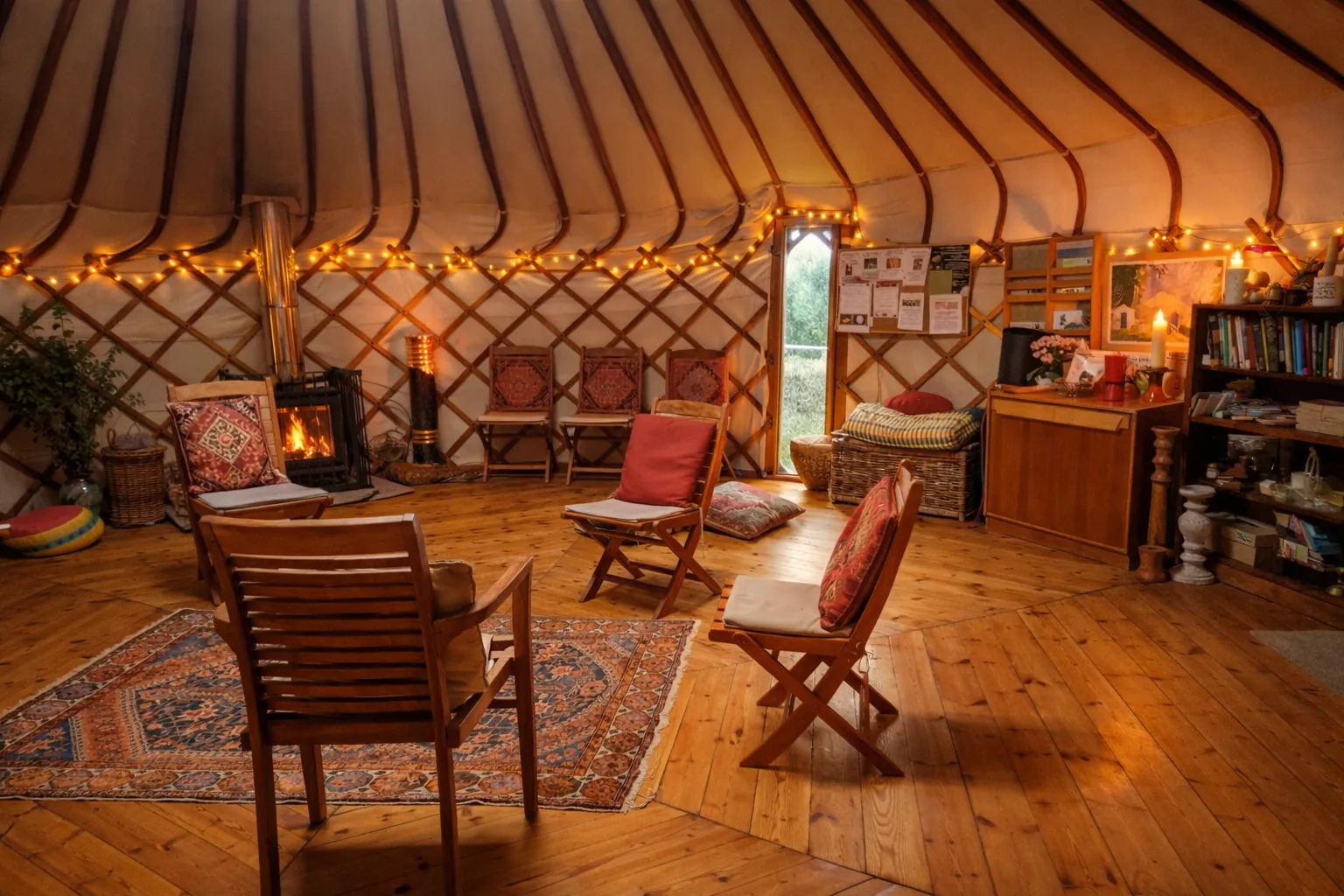 Cosy yurt space with woodburner glowing, books and cushions, a place to feel safe